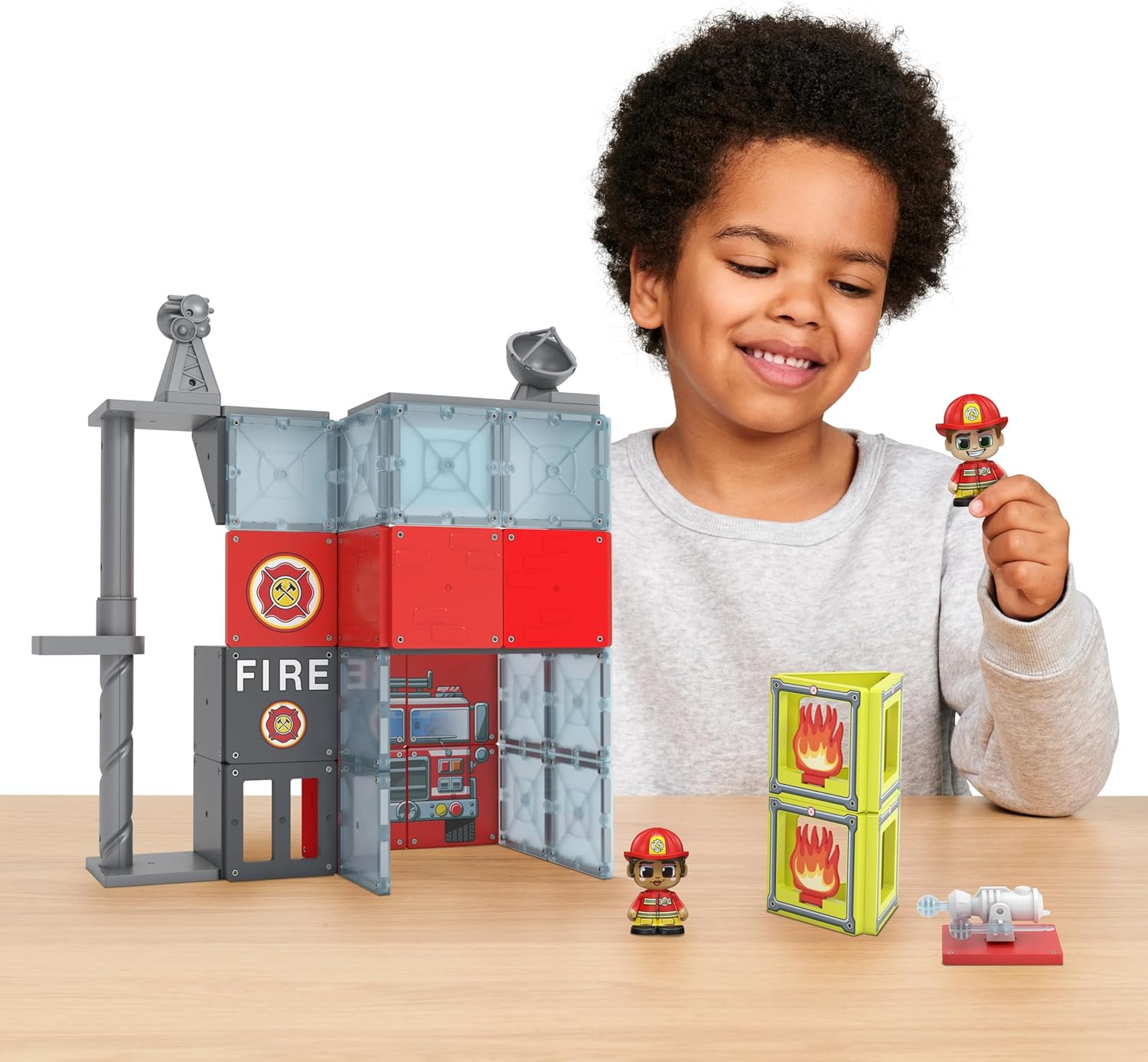 TILE TOWN Fire House Magnetic Tiles Construction Building Playset + Figures, Kids 3-5+, New Action Tiles for Action Play, Realistic Builds, STEM Creative Toy, Great for Boys & Girls
