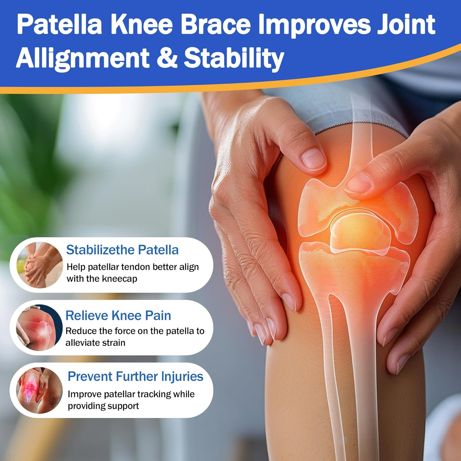 Knee Brace for Women Men, Adjustable Compression Patella Stabilizer Pad for Meniscus Tear, ACL Knee Brace for Meniscus Tear Knee Pain, Arthritis Pain, Injury Recovery, Running Workout (Black)