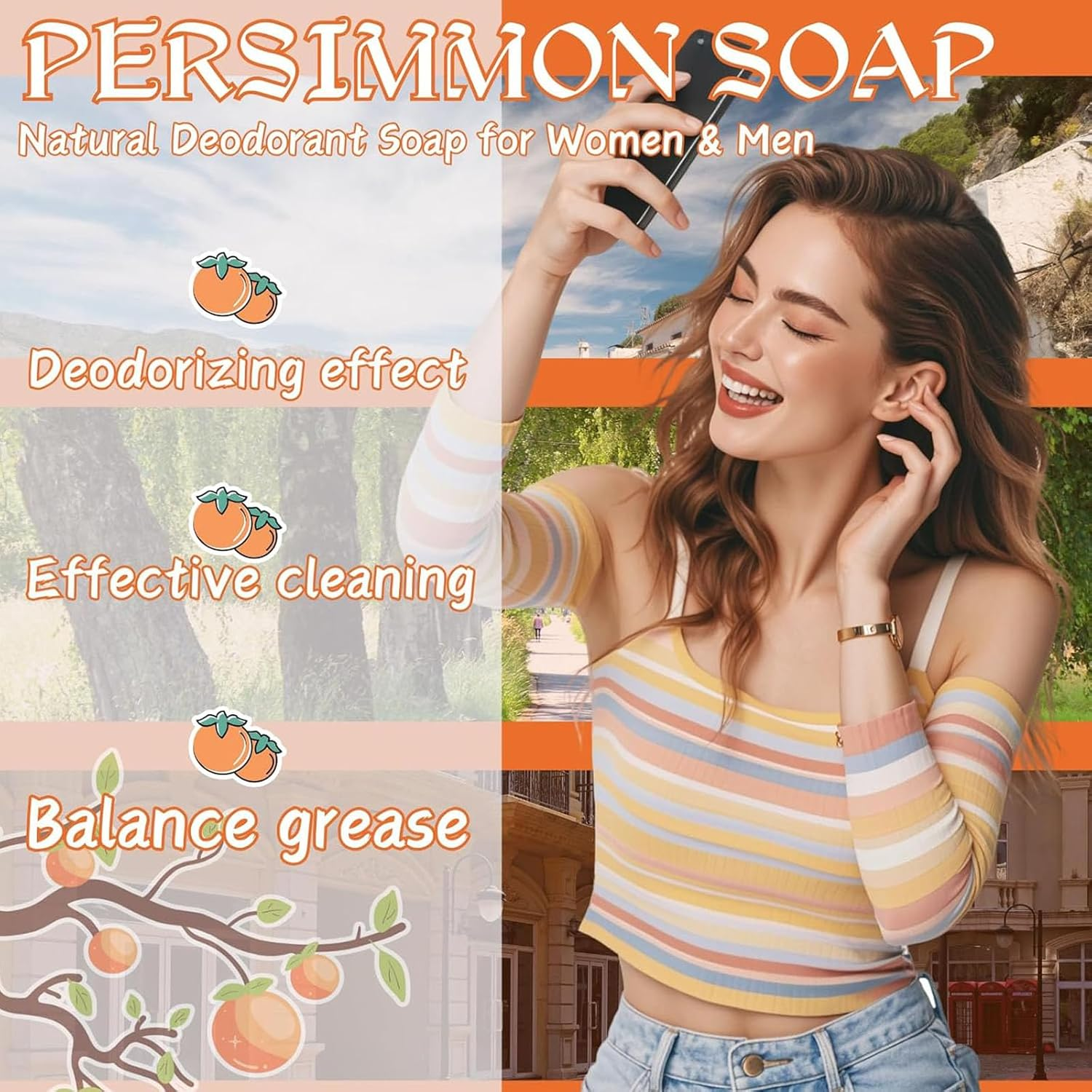 Persimmon Soap Bar for Body Odor Control, Natural Deodorant Body Soap Bar for Women & Men, Skin Brightening Soap, Refreshing Skin Smell, Smooth Skin Tone, Deep Cleansing & Moisturizing (2)