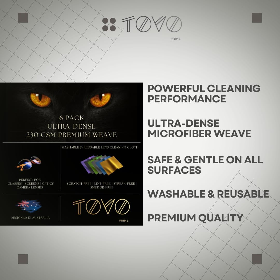 TOVO Prime Microfiber Lens Cleaning Cloths | Glasses, Eyeglass & Camera Lens Cleaner | Screen Cleaning Cloth for Smartphones, Tablets, Laptops, LCD Tvs & VR/AR Headsets | Pack of 6 image number 6