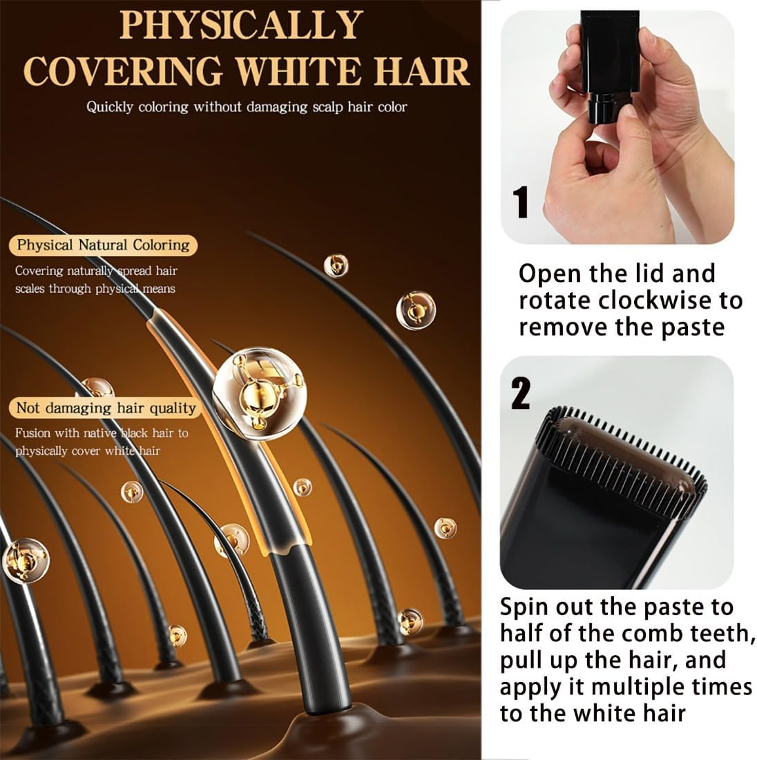 Carylook Hair Color Stick, Upgraded Waterproof and Sweat-Proof Hair Dye Stick, Portable Hair Color Touch-Up Stick with Comb, Quick and Easy Coverage (Black*1) (Black Brown*1) - Black Brown*1 image number 5