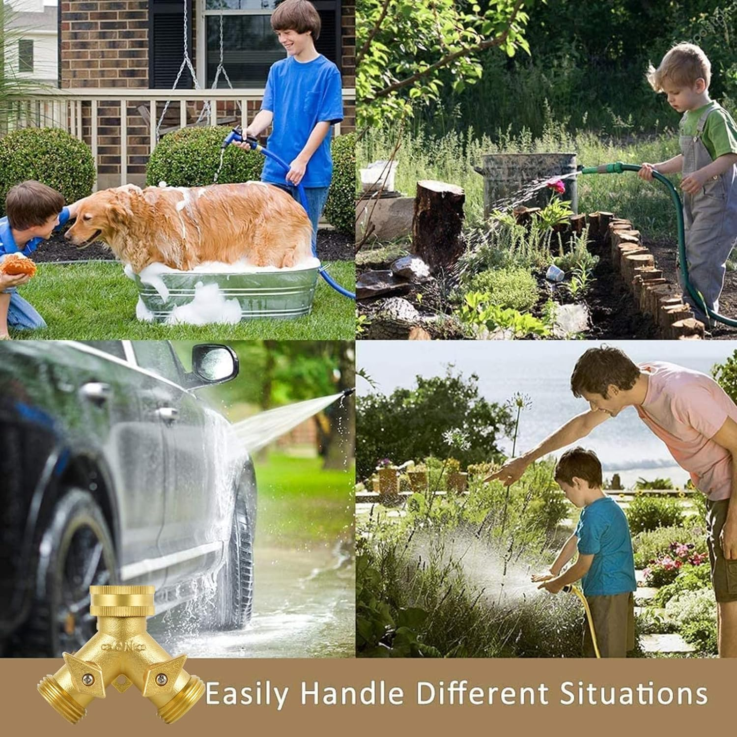 2 Way Heavy Duty Brass Garden Hose Connector Tap Splitter for Lawn and Garden - Outlet with 2 Valves, Hose Spigot Adapter, plus 4 Extra Rubber Washers - Updated Version image number 4