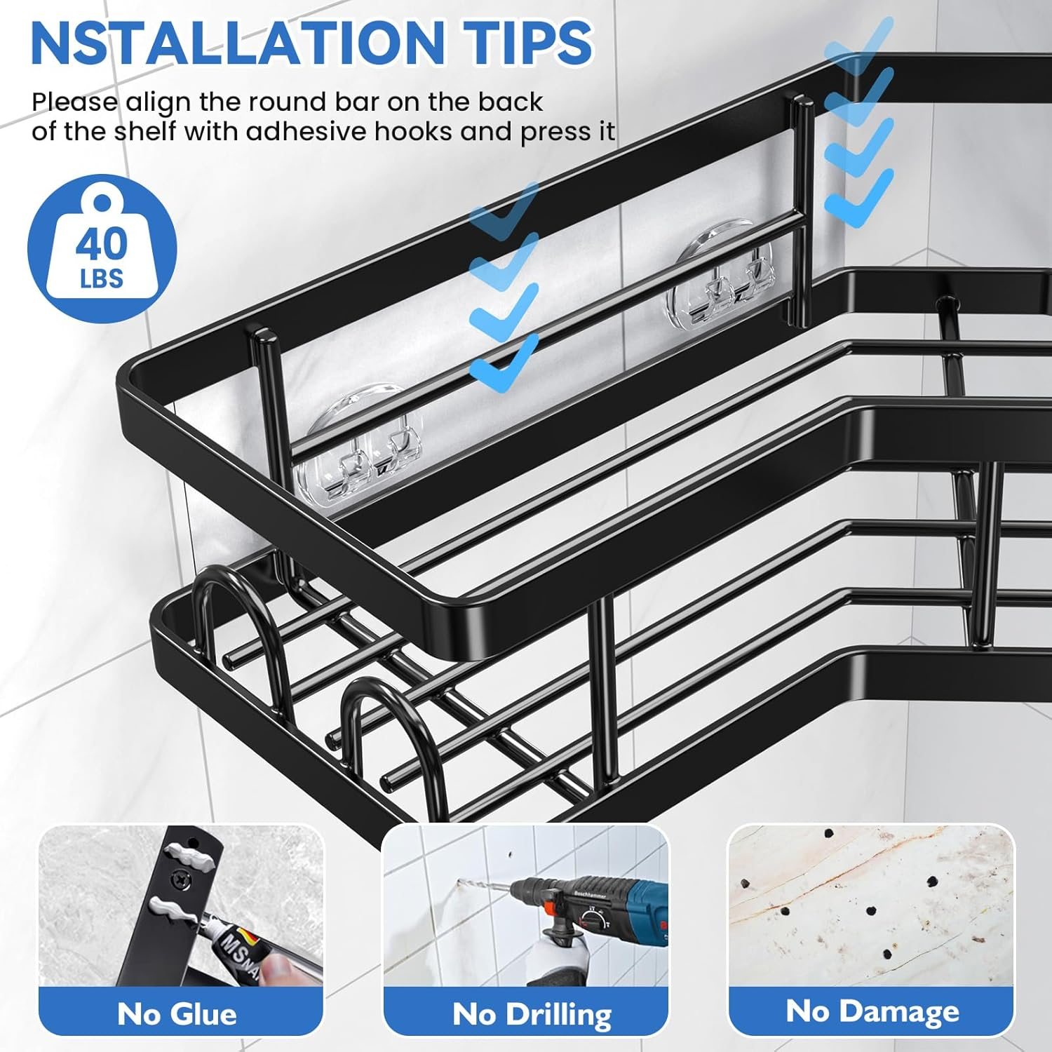 PKBD Corner Shower Caddy 3 Pack,Bathroom Storage No Drilling,Shower Storage with Soap Holder&Hooks&Toothpaste Holders,Bathroom or Kitchen,Rustproof Stainless Steel Suction Bathroom Accessories,Black - White image number 7