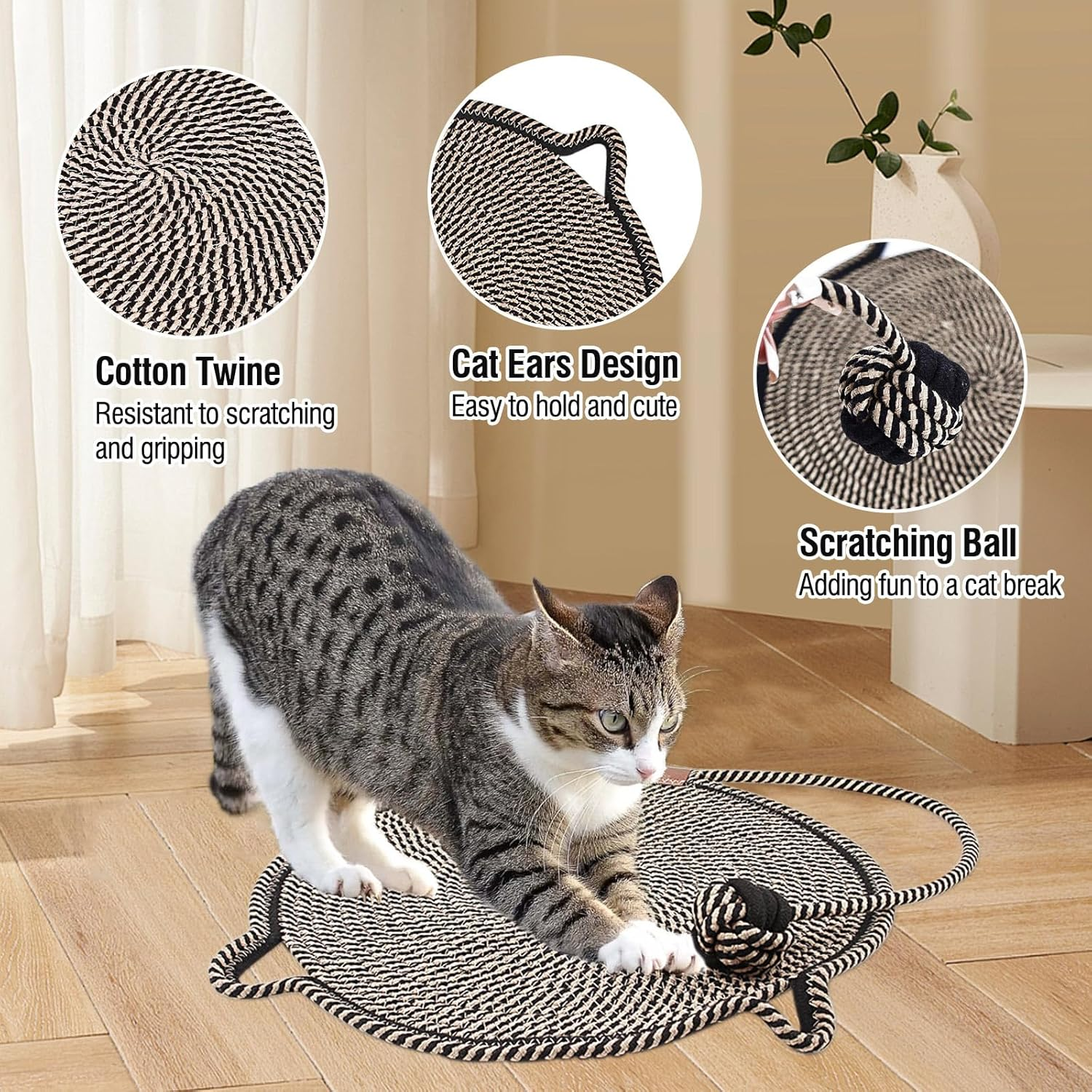 50Cm/19.7In Cat Scratching Mat, Wear-Resistant Waterproof Cotton Rope Cat Scratcher Mat, Cat Shape Cute Cat Scratching Mat for Indoor Cats, Door, Sofa, Carpet and Furniture Protector,Black image number 5