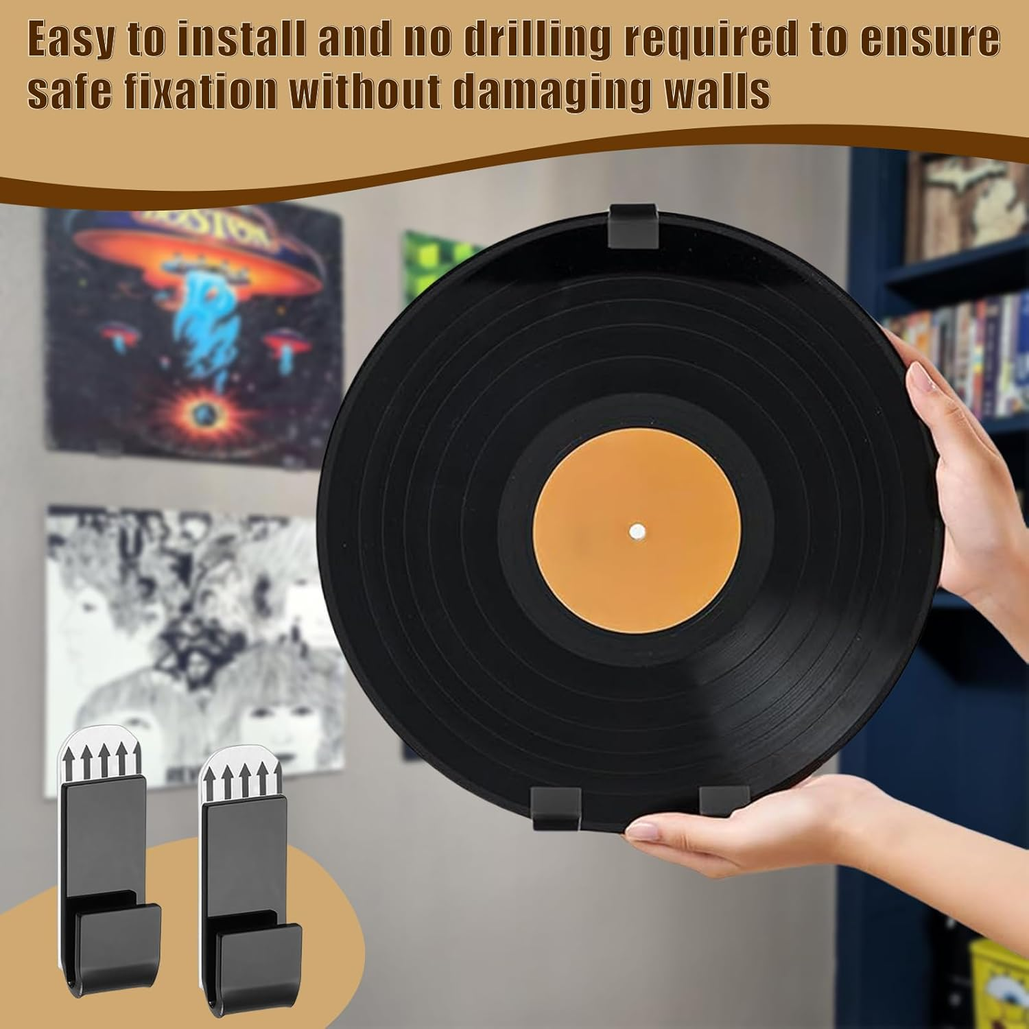 Sgphrzlt 15 Pack Vinyl Record Storage Holder Wall Mount, Self-Adhesive Wall Record Display Shelf Hooks, No Screw Removable Acrylic CD Album Hangers for Home Office Decoration, Clear image number 6