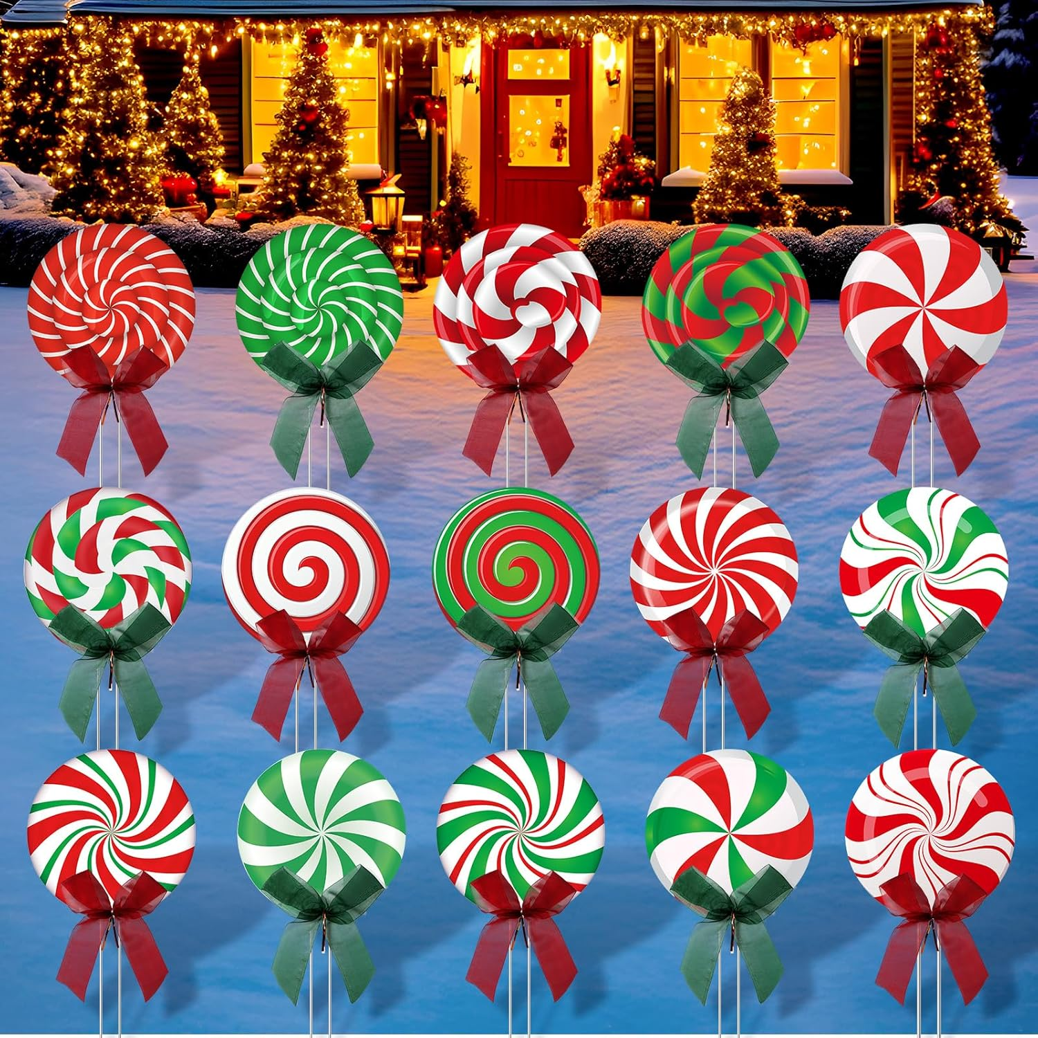 Christmas Outdoor Yard Signs Peppermint Corrugated Yard Decorations with Stakes and Bow Xmas Candy Garden Waterproof Cardboard Lawn Signs for Pathway Walkway Decor (15) image number 3
