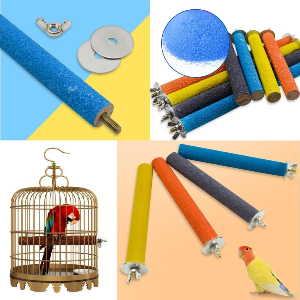Jindizi 6 PCS Parrot Stand Toy Platform Paw Grinding Stick, 3 Kinds of Length Random Colors, Parrot Perch Stand Toy, Quartz Sand Covered Wood Sticks Platform, Parakeet Toys Sticks