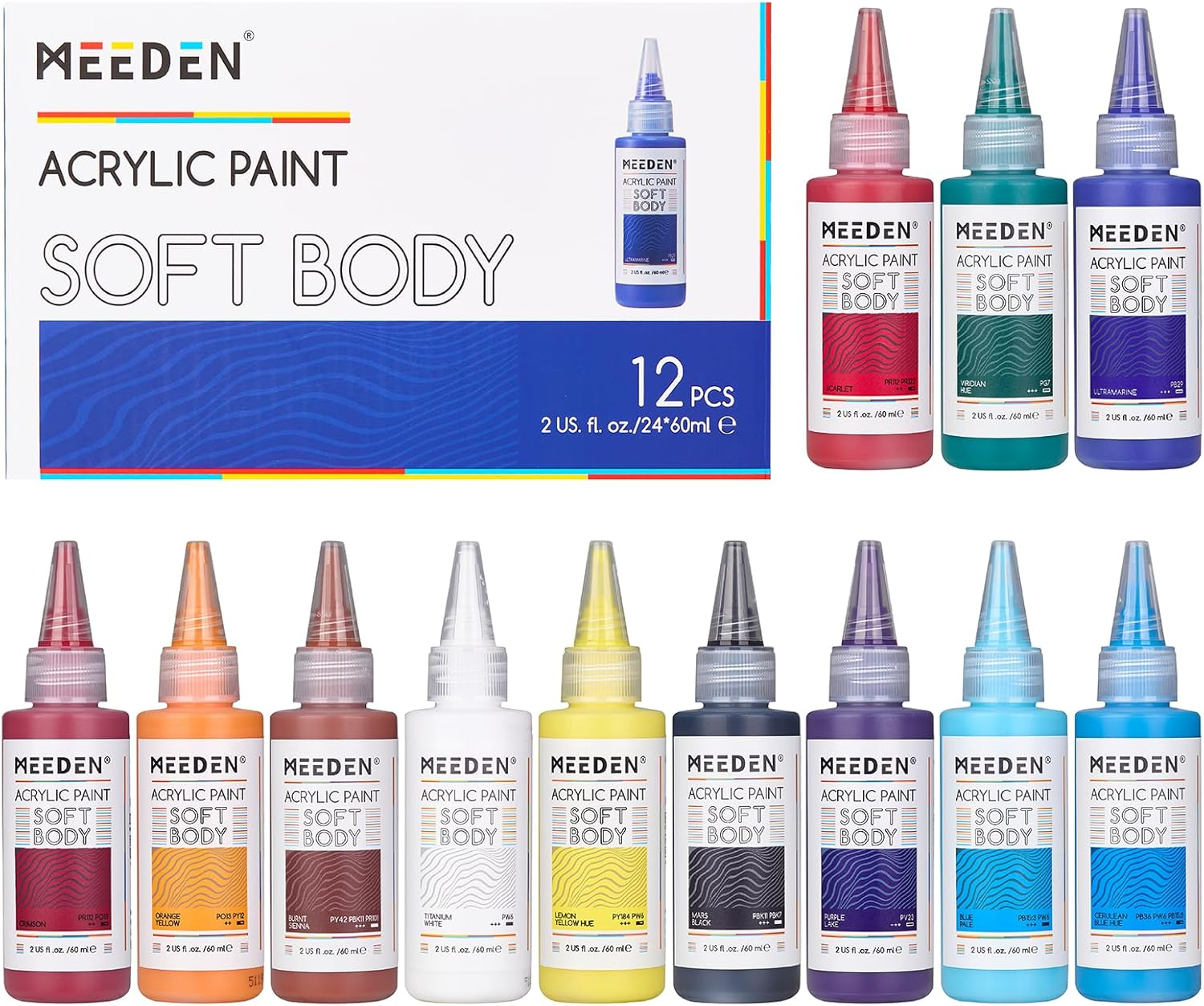 MEEDEN Soft Body Acrylic Paints Set: 24 Matte Finish Colors X 60Ml/2Oz Fluid Acrylic Paints for Art Painting on Canvas Wood & Glass for Students Adults Artists