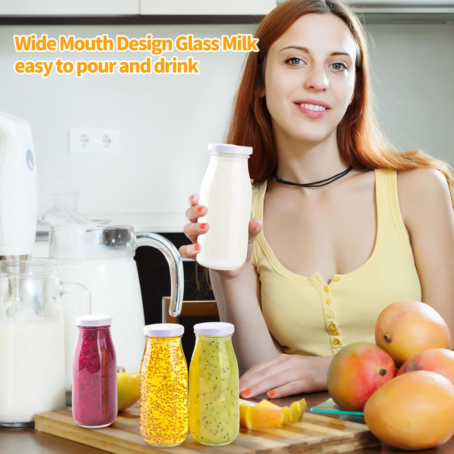 V&middot;Colokishi 6Pcs 250Ml Glass Milk Bottles with Lids, Mini Milk Bottles, Glass Straws, Labels and Whiteboard Pen for Beverages, Weddings Decoration image number 1