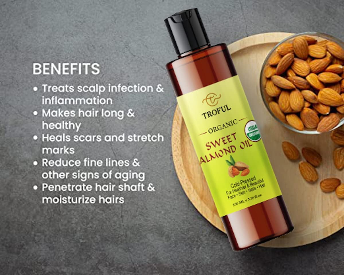 Troful Organic Sweet Almond Oil for Hair Growth Skin, USDA Certified Pure Natural Cold Pressed Organic Almond Oil for Face Nails Body Scalp Massage Moisturizing Oil- 100 Ml image number 3