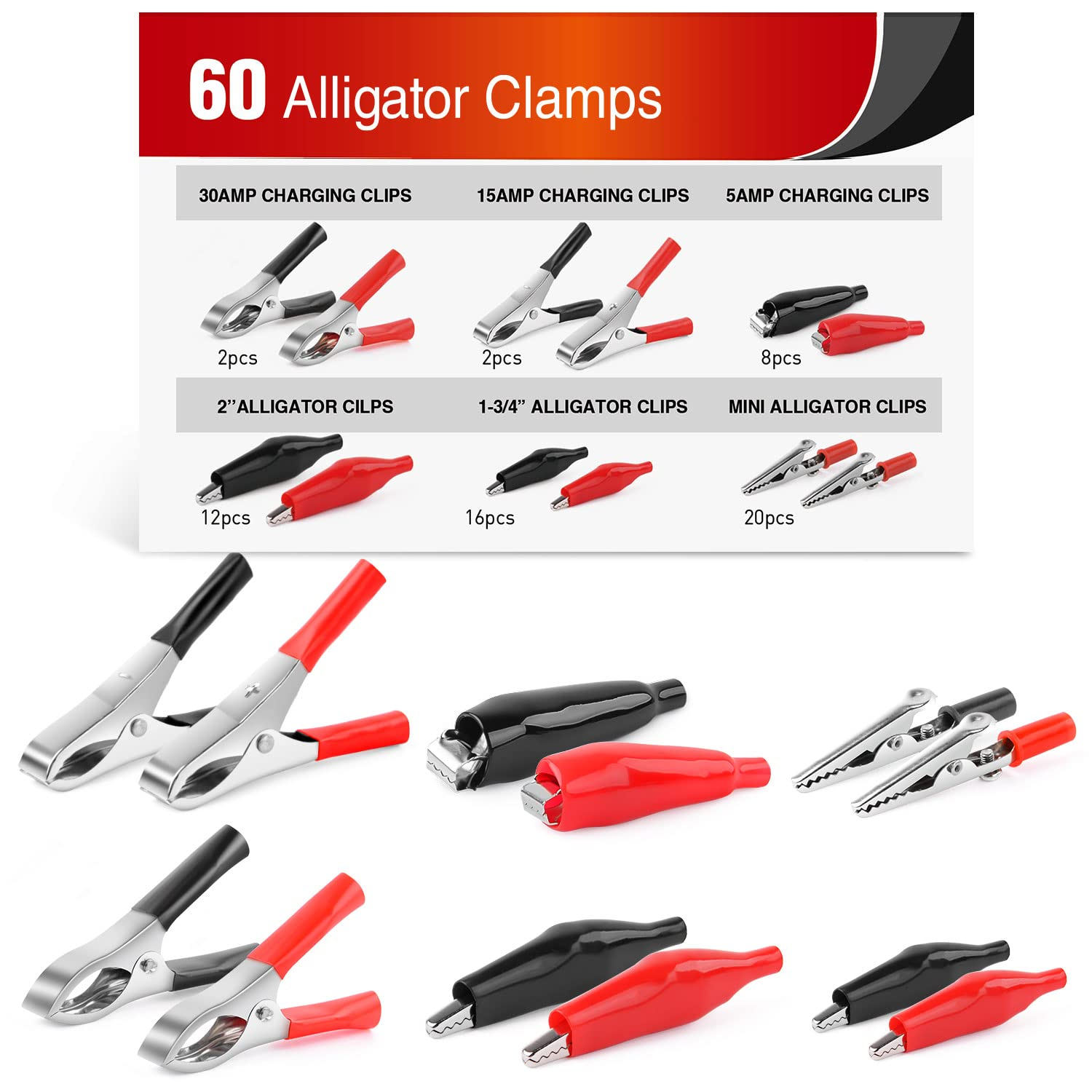 Nilight - 50052R 60Pcs Metal Alligator Clip Clamp Assortment Test Lead Electrical Battery Clamp Connector Alligator Connector Electrical Assortment Charging Clip image number 2