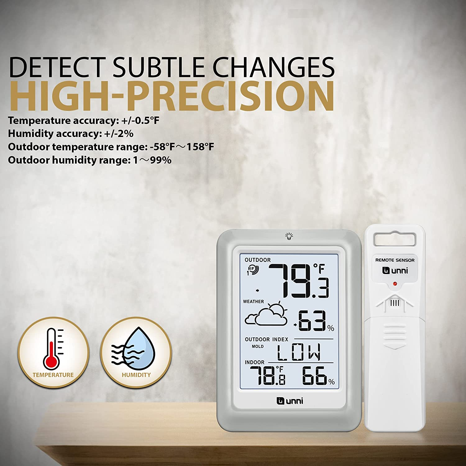 Indoor Outdoor Thermometer Hygrometer Wireless Weather Station, Temperature Humidity Monitor Battery Powered inside outside Thermometers with 330Ft Range Remote Sensor and Backlight Display - White image number 5