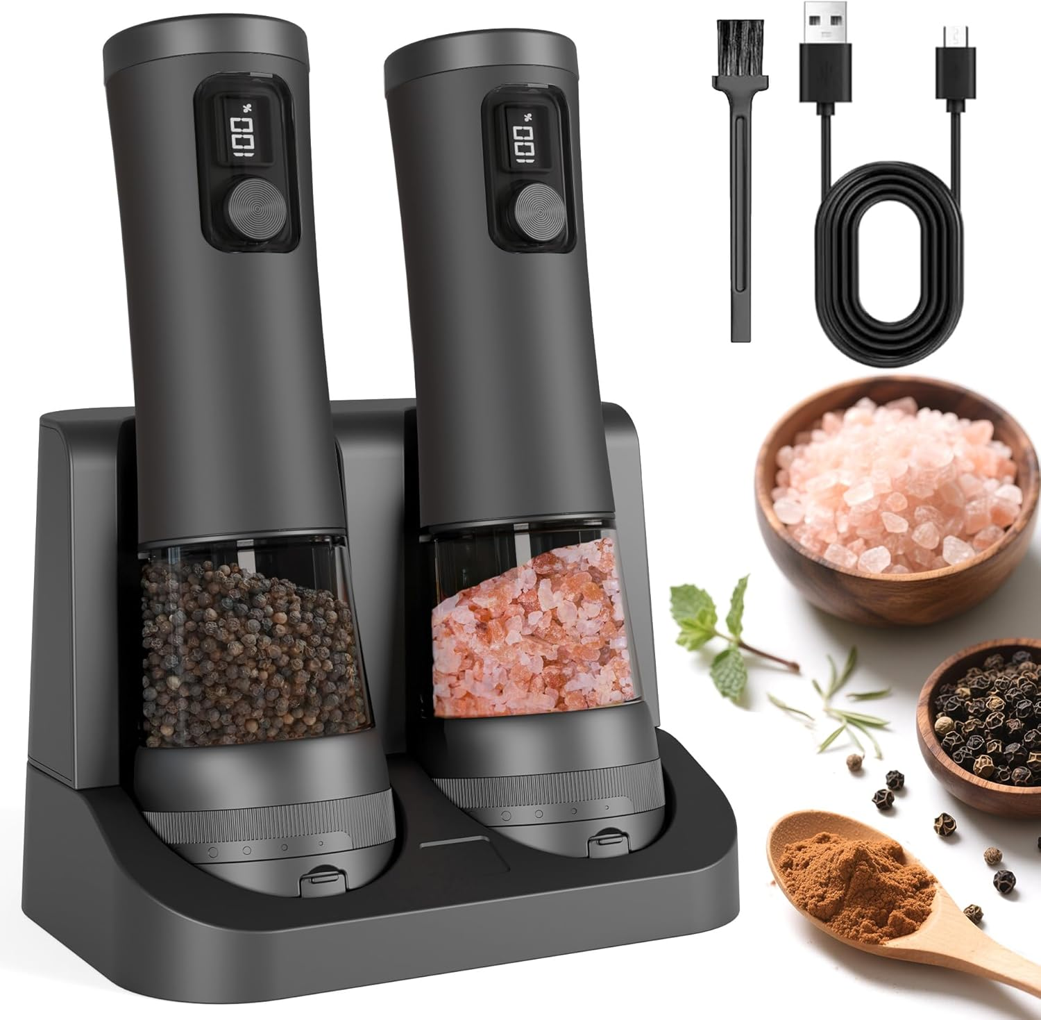 Salt and Pepper Grinder Set, Electric Ceramic Grinder Automatic Pepper Mills with Battery Display Rechargeable Base, Salt Shakers with 5 Level Adjustable Coarseness for Modern Kitchen(Stainless Steel)