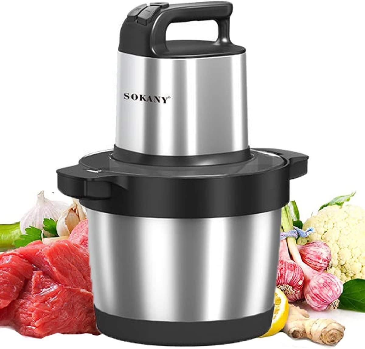 SOKANY 1500 W Electric Kitchen Chopper with 6.5 L Stainless Steel Bowl, Multi Chopper with 3 Speed Levels, Meat Grinder with 4 Blades for Meat, Onions, Fruit, Vegetables image number 1