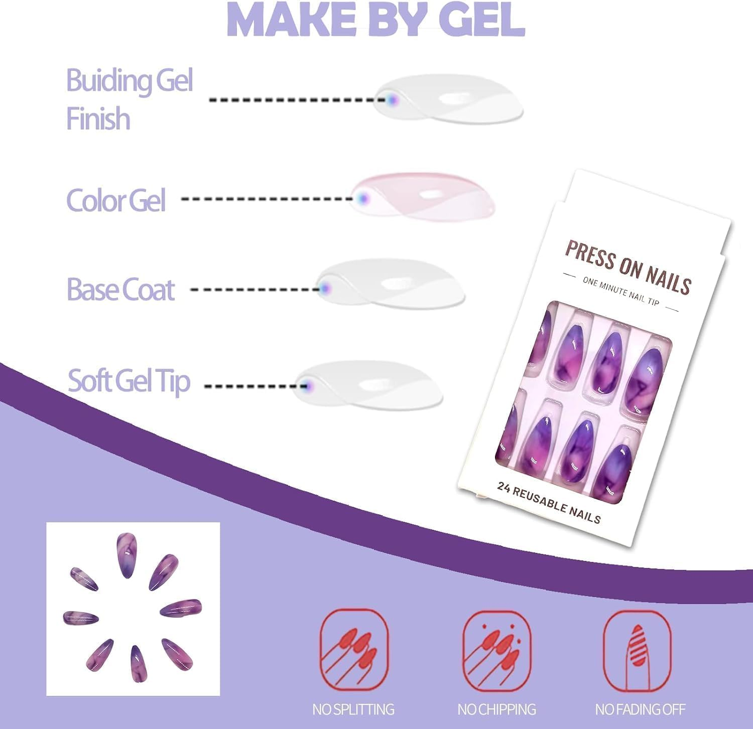 LYMCY Press on Nails French,Purple Halo Fake Nails, Artificial Nails for Women and Girls -24 Pcs