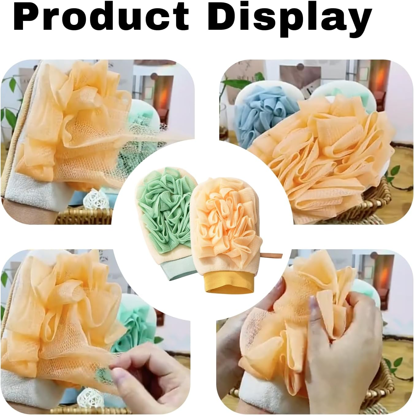 2 Pcs Exfoliating Gloves, 100% Vegan Adhesive Body Scrub Gloves for Removing Dead Skin Spa Grade Shower Exfoliating Product, Leaving Skin Smooth, Shiny, Green, and Yellow image number 2