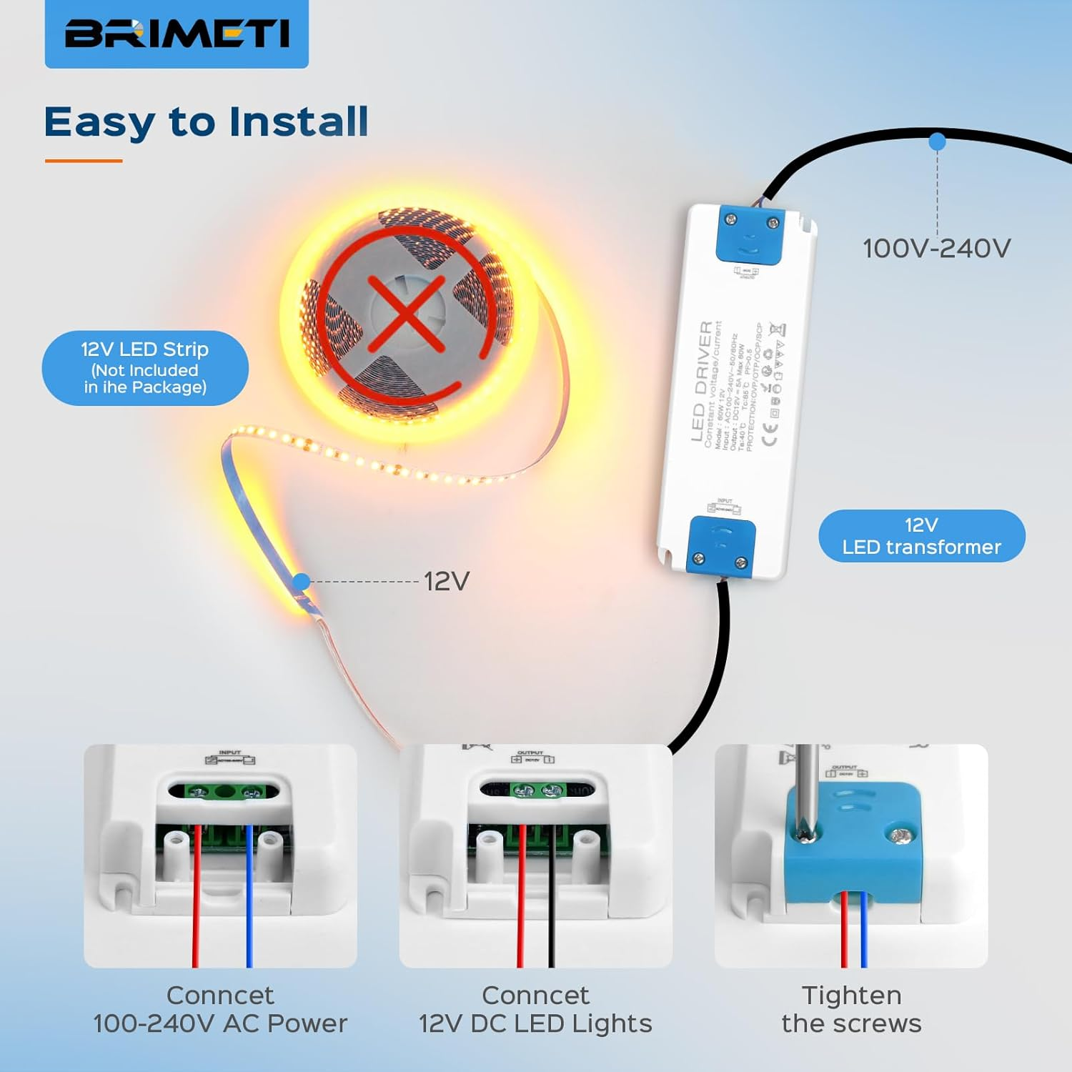 LED Driver 12V, BRIMETI 60W LED Transformer 5A Slim LED Power Supply Adapter AC 240V to 12V DC Low Voltage, Constant Voltage, Suitable for LED Light Strip image number 3