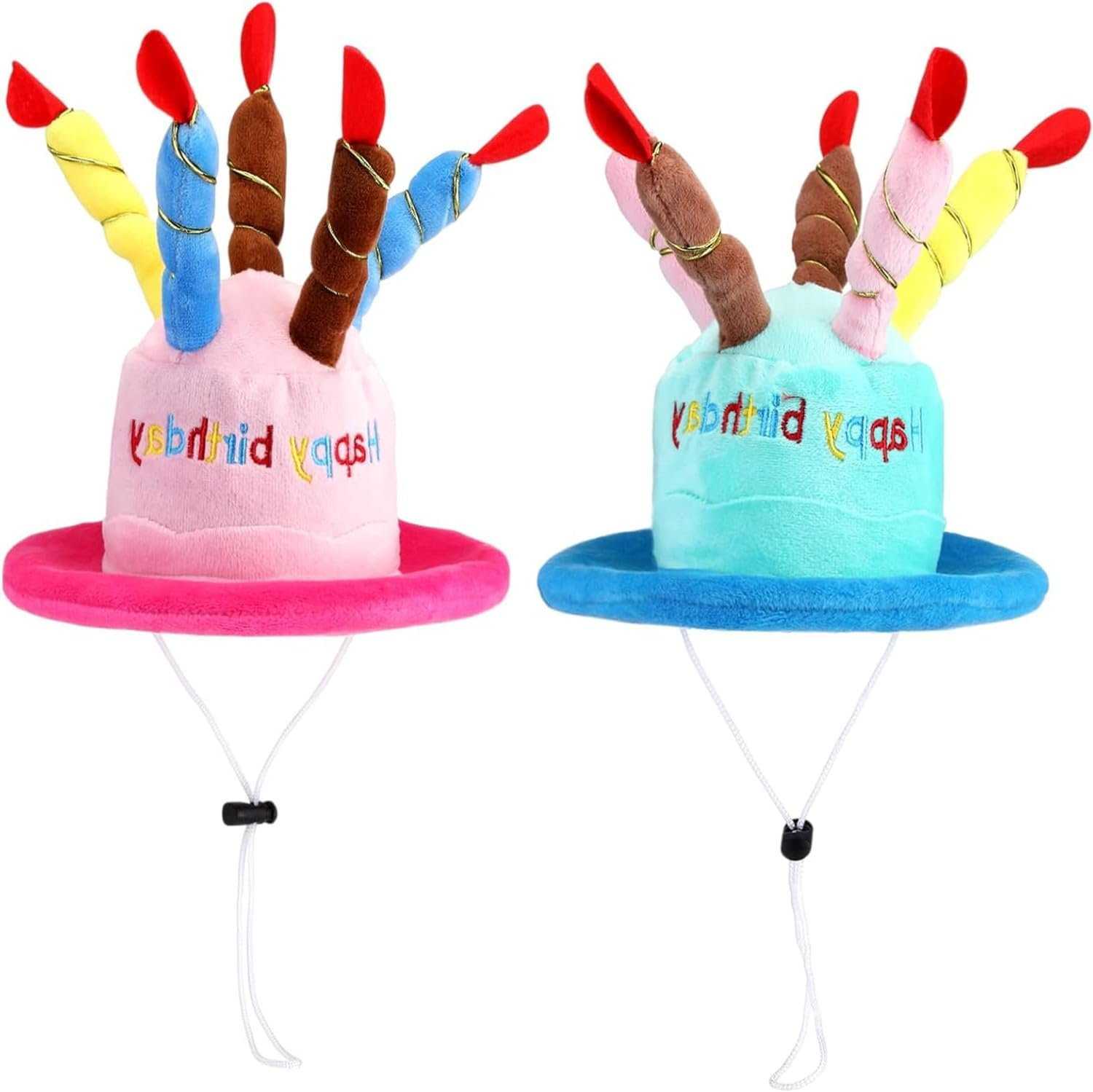 2 Pack Cute Dog Cat Birthday Cake Hat with Colorful Candles Adjustable Strap for Pet Birthday Party Supplies Decorations One Size Fits Most（Pink and Blue） image number 6