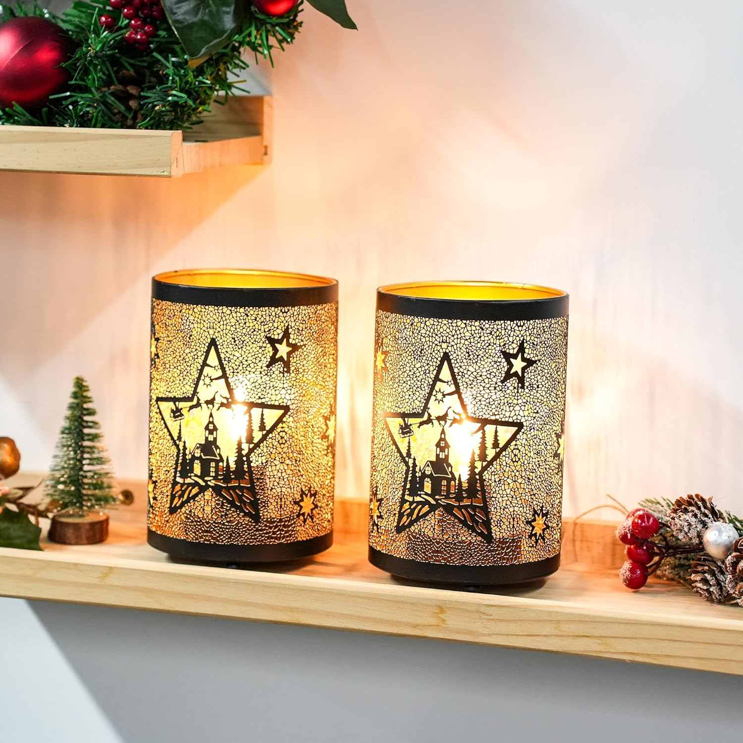 TRIROCKS Set of 2 Metal Table Lamp, Decorative Lantern with Cutout Star & Castle Design for Home, Living Room, Garden, Yard, Party, Events, Tabletop, Indoor（Black） image number 4