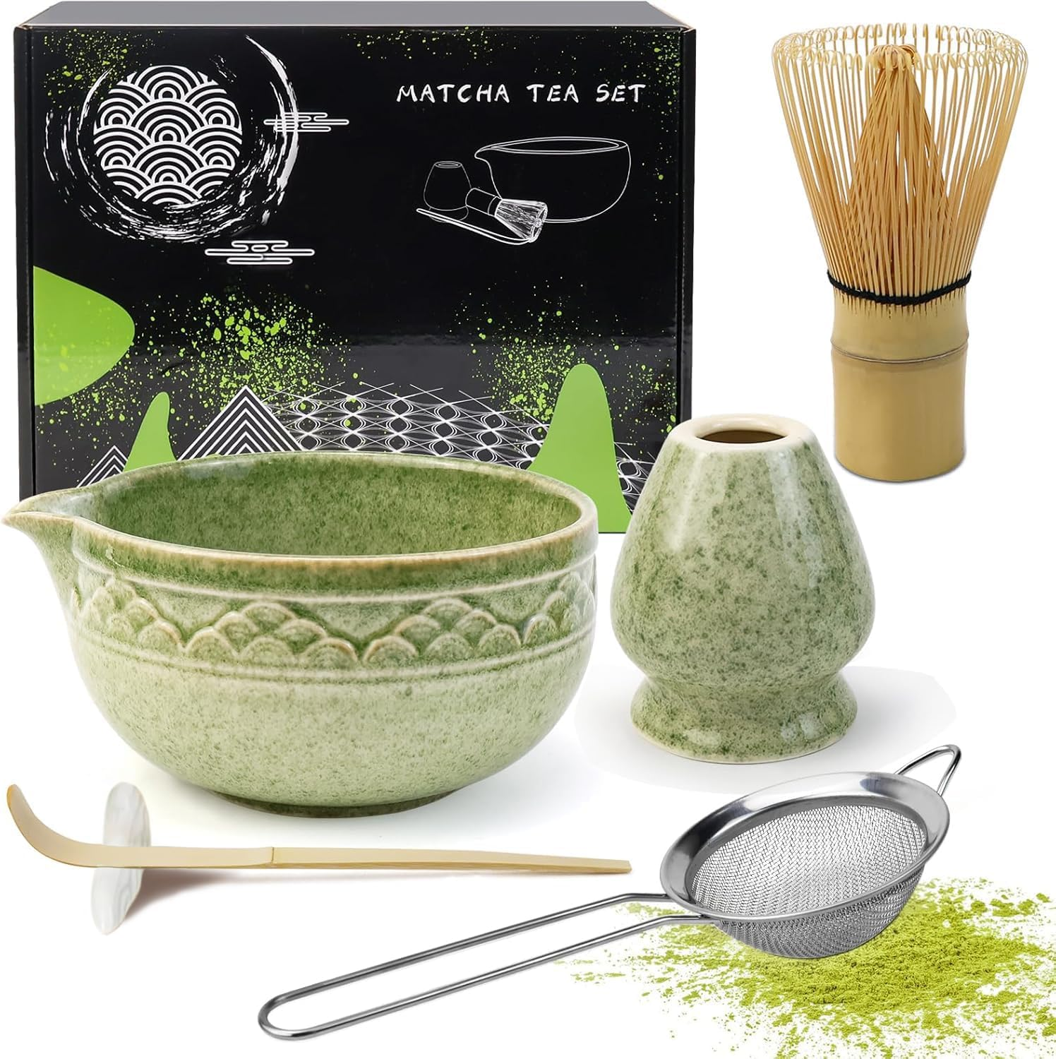 6 Pack Matcha Whisk Set, Japanese Tea Set Includes Matcha Bowl with Spout, Bamboo Matcha Whisk and Scoop, Matcha Whisk Holder, Stainless Steel Sifter, Scoop Stand, Matcha Kit for Matcha Love (Pink)