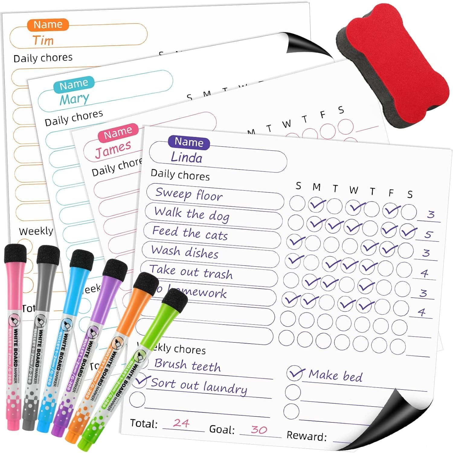 Magnetic Chore Chart for Kids, 4 Pcs Dry Erase Behavior Charts and 6 Colored Markers with Eraser Caps with 1 Eraser, Reward Chart for Multiple Kids Teens Adults Family, Chores Chart for Kids (White) image number 3
