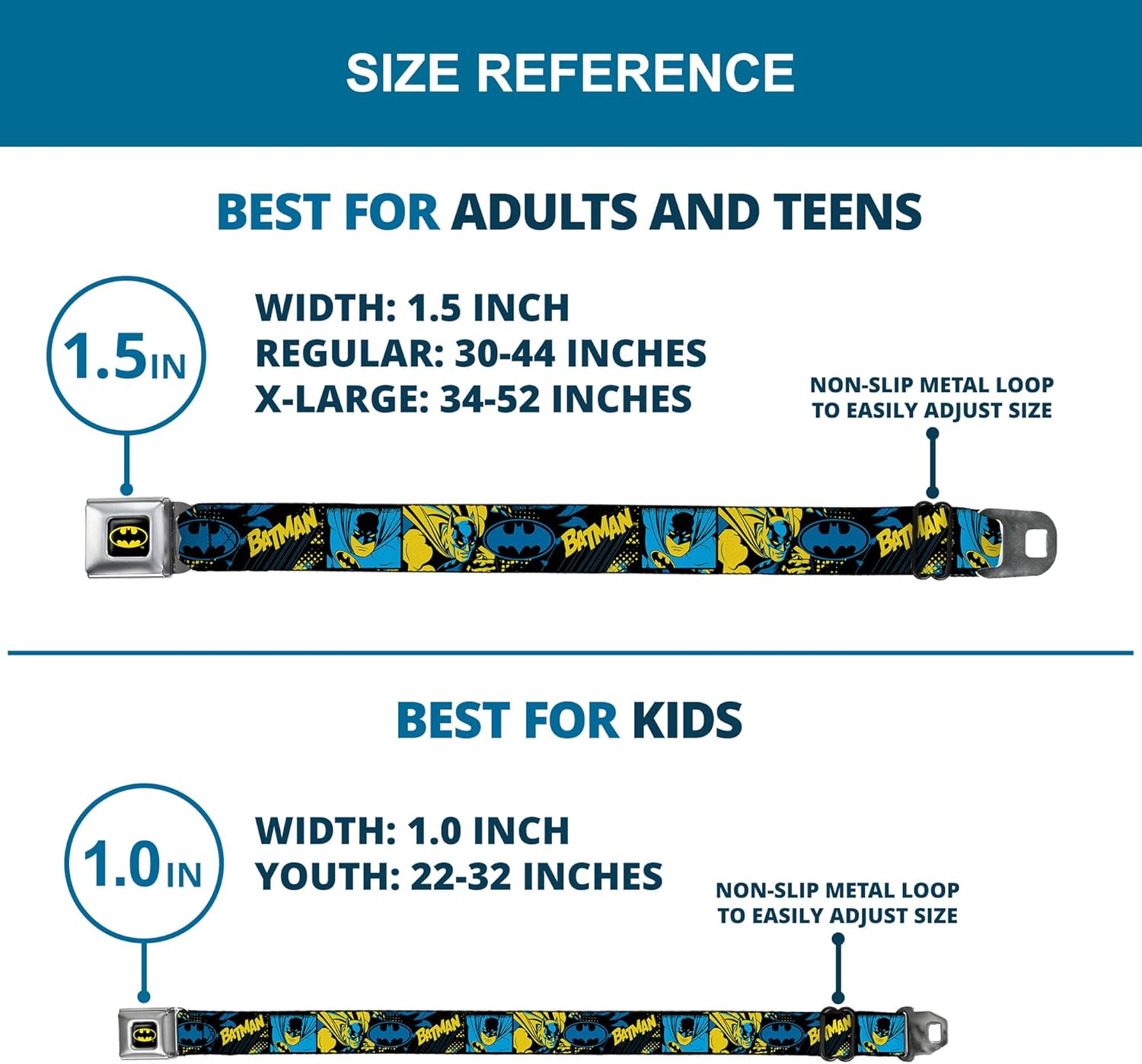 DC Comics Belt, Seatbelt Buckle Belt, Batman Poses and Logo Collage Black Blue Yellow, Adjustable image number 2