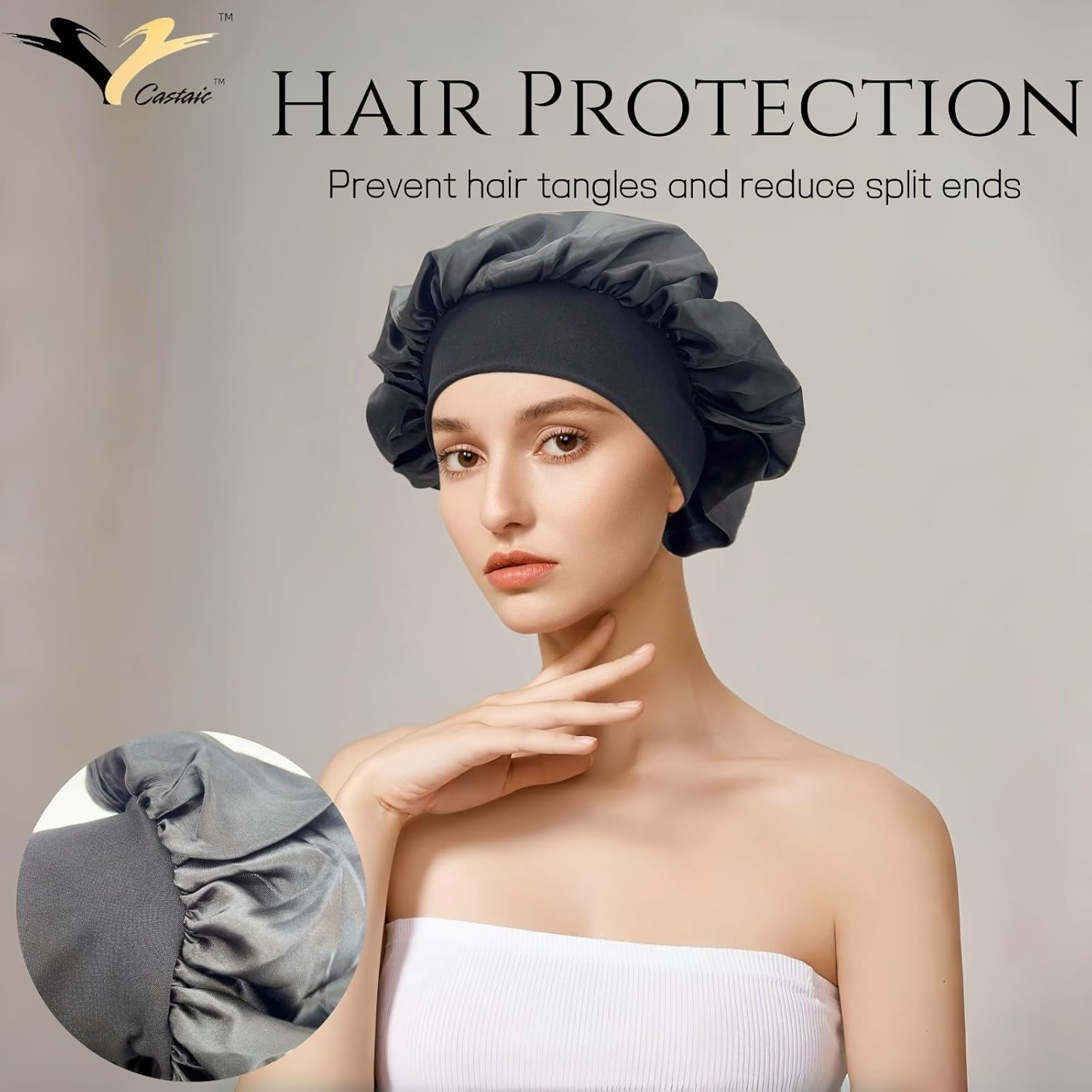 Castaic 2 Pcs Silk Bonnet with Soft Elastic Band, Satin Bonnets, Hair Wrap for Curly and Straight Hair (Black + Rose Gold) image number 4