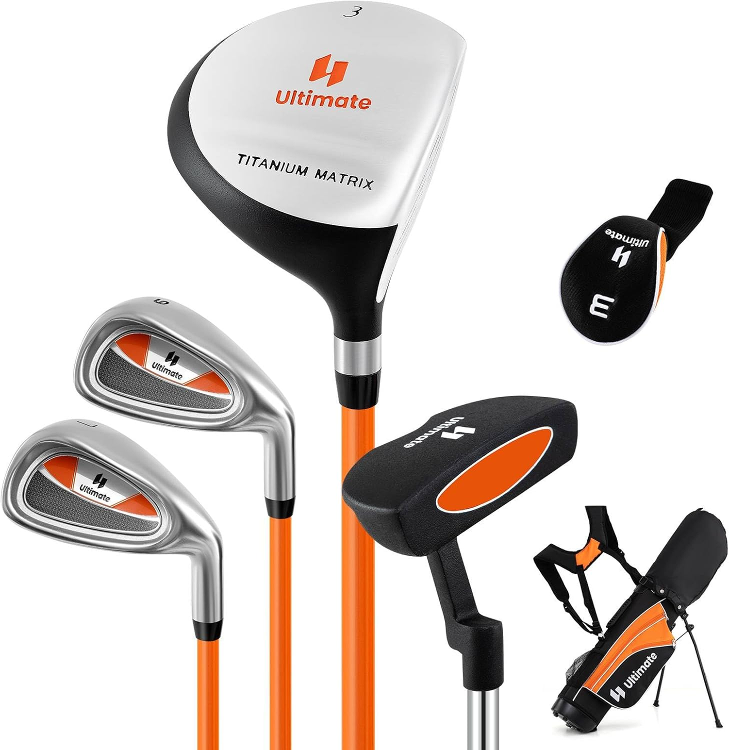 Costway Junior Complete Golf Club Set for Age 8 to 13, Includes 3# Fairway Wood, 7# & 9# Irons, Putter, Head Cover, Golf Stand Bag, Perfect for Children, Kids, Boys & Girls