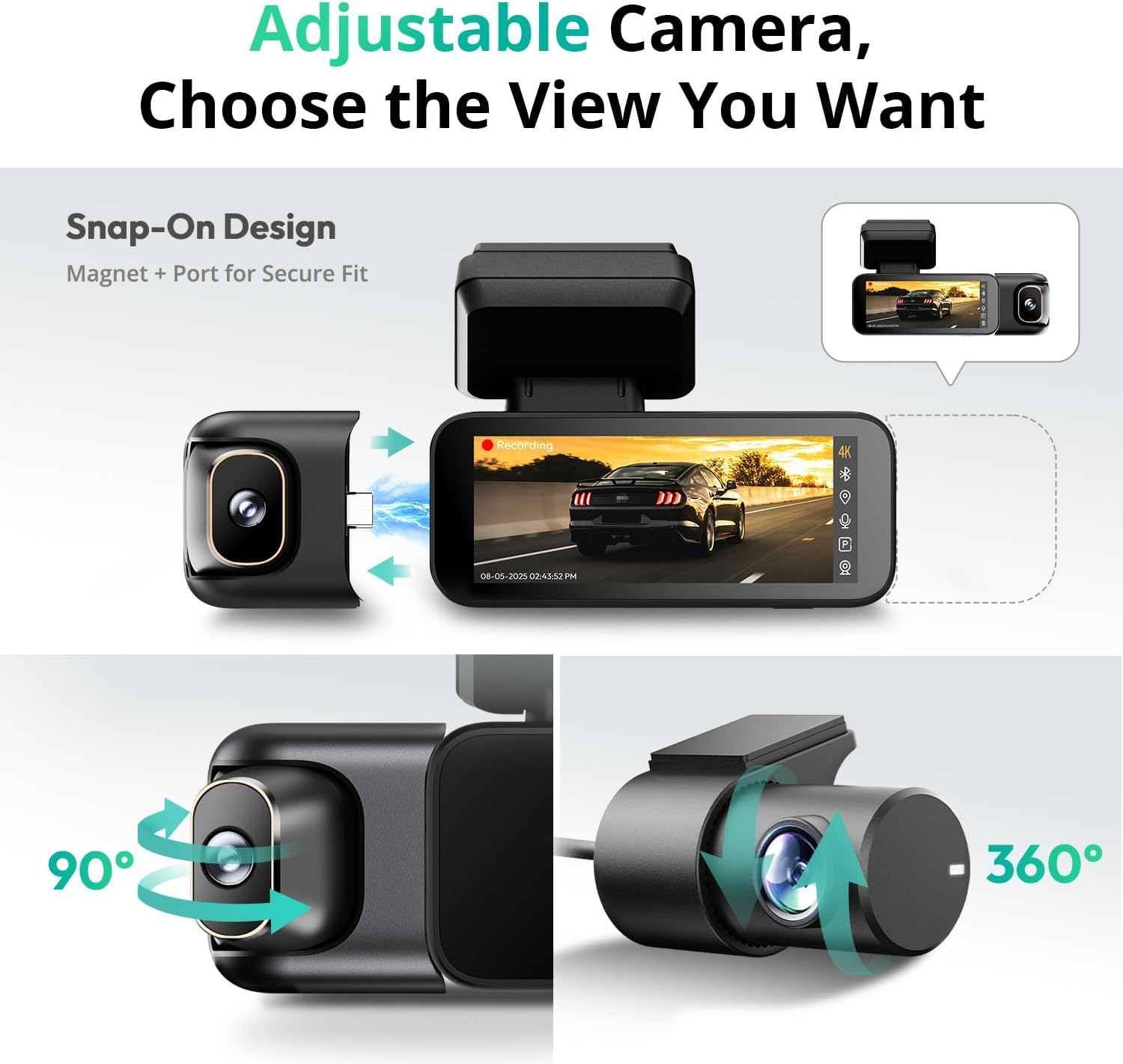 BOTSLAB 3 Channel 4K Dash Cam Front and Rear Inside, Triple Car Dash Cam with Voice Control, 3.18 Inches Touch Screen, Loop Recording, 24/7 Parking Mode, Included 128GB Memory Card image number 5