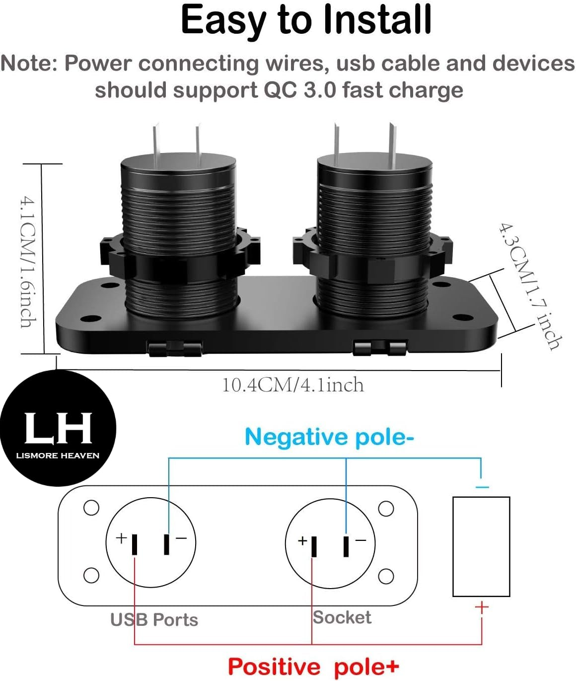 LH-QC 3.0 USB Outlet 12V Boat Marine Waterproof Cigarette Lighter Socket Splitter 12 Volt DC Power Charger Adapter DIY Kit with Blue LED Dual USB Ports for Rocker Switch Panel on Car RV Golf Cart ATV image number 1