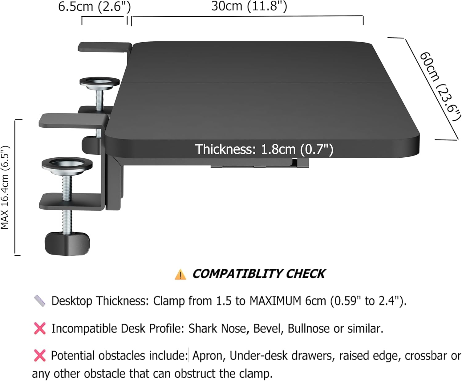 Officeozone Desk Extension Tray with Storage Holders, Heavy-Duty Clamp,Matte Black, Expand Workspace with Laptop & Headphone Holders image number 1