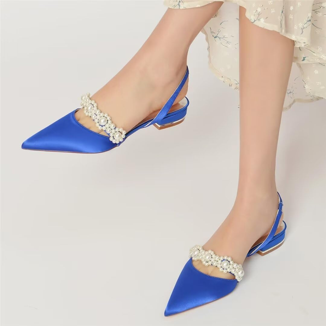 Satin Pearls Wedding Shoes for Bride Flat Pointed Toe Women Slingback Flats image number 5
