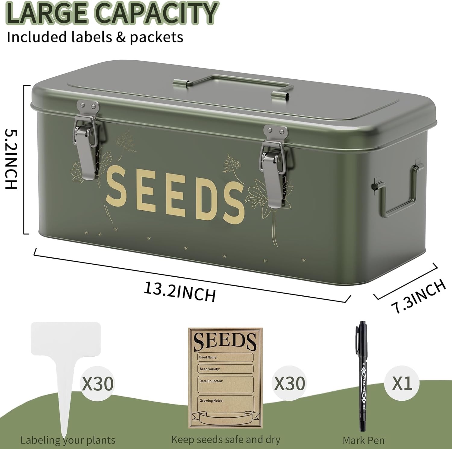 Orionstar Seed Storage Organizer, Metal Seed Saving Box with Lid, Seed Bin with 30 Plant Labels 30 Seed Envelopes 1 Marker Pens, 4 Compartments Box with Safety Locks, Blackish Green image number 4