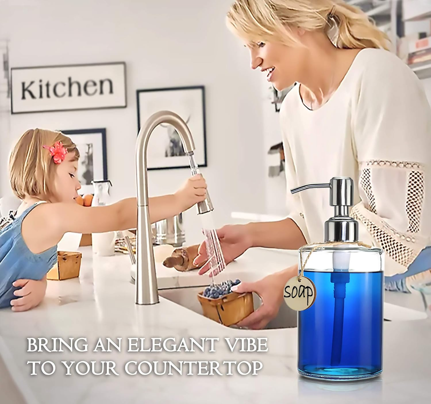 JASAI 16OZ Cylinder Glass Soap Dispenser with Rust Proof Stainless Steel Pump, Refillable Bathroom Soap Dispenser for Hand Soap, Dish Soap, Liquid Soaps and Kitchen (Clear) image number 1