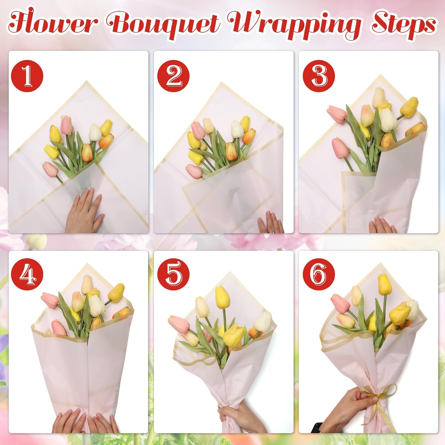 30 Sheets Flower Bouquet Wrapping Paper, COITEK Waterproof Gold Edge Flower Gift Wrapping Supplies Paper 6 Colors with 5 Rolls Ribbons for DIY Crafts, Gift Packaging image number 3