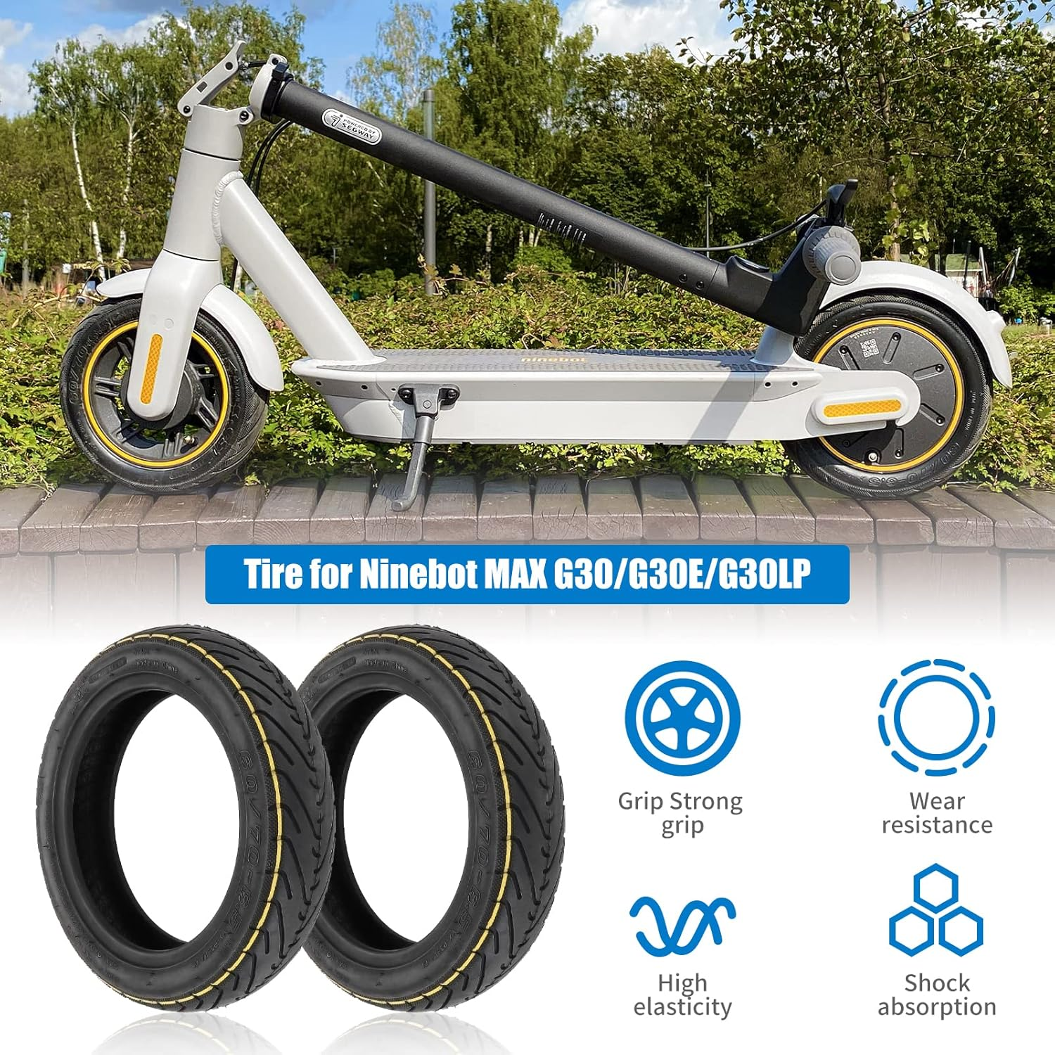 Prodroam 10 Inch Tyre Tubeless 60/70-6.5 for Segway Ninebot Max G30 G30D 2 G30E 2 G30P G30LP Electric Scooter Replacement Tyres Front Rear with Valve, No Self-Healing (Yellow Stripes, 2 Pieces) image number 1