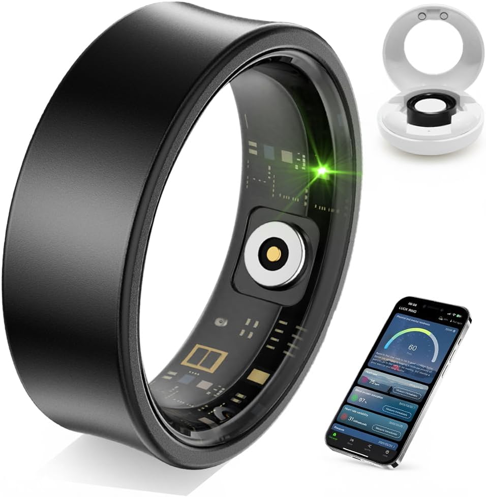 Smart Ring | Fitness Ring | Sleep & Activity Tracker | Health Management | 5-7 Days Battery Life | Magnetic Charging Case | 8 Sports Modes | 5 ATM Waterproof | for Men & Women (Black, 12)