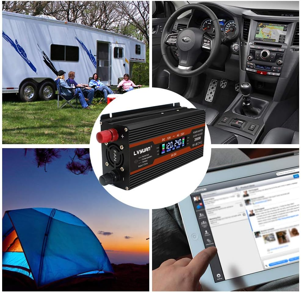 Yinleader 1000W /2000W(Peak) Car Power Inverter DC 12V to 240V AC Converter with Intelligent LCD Display Dual AC Outlets Dual USB for RV Caravan Truck Laptop(Black) image number 6