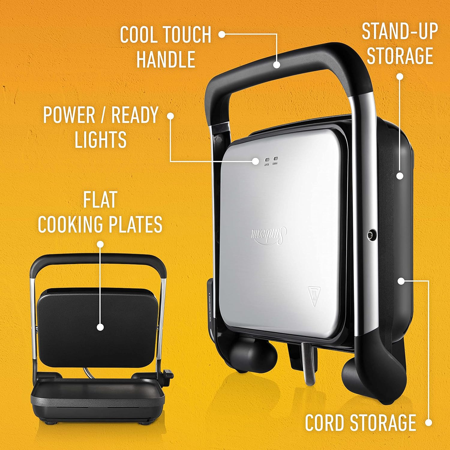 Sunbeam Caf&eacute; Style 4-Slice Sandwich Press and Maker| Anyheight&acirc;&bdquo;&cent; Control for Fritters, Breakfast, Quick Meals, Sandwiches | Non-Stick Coating, Stand-Up Storage, Silver