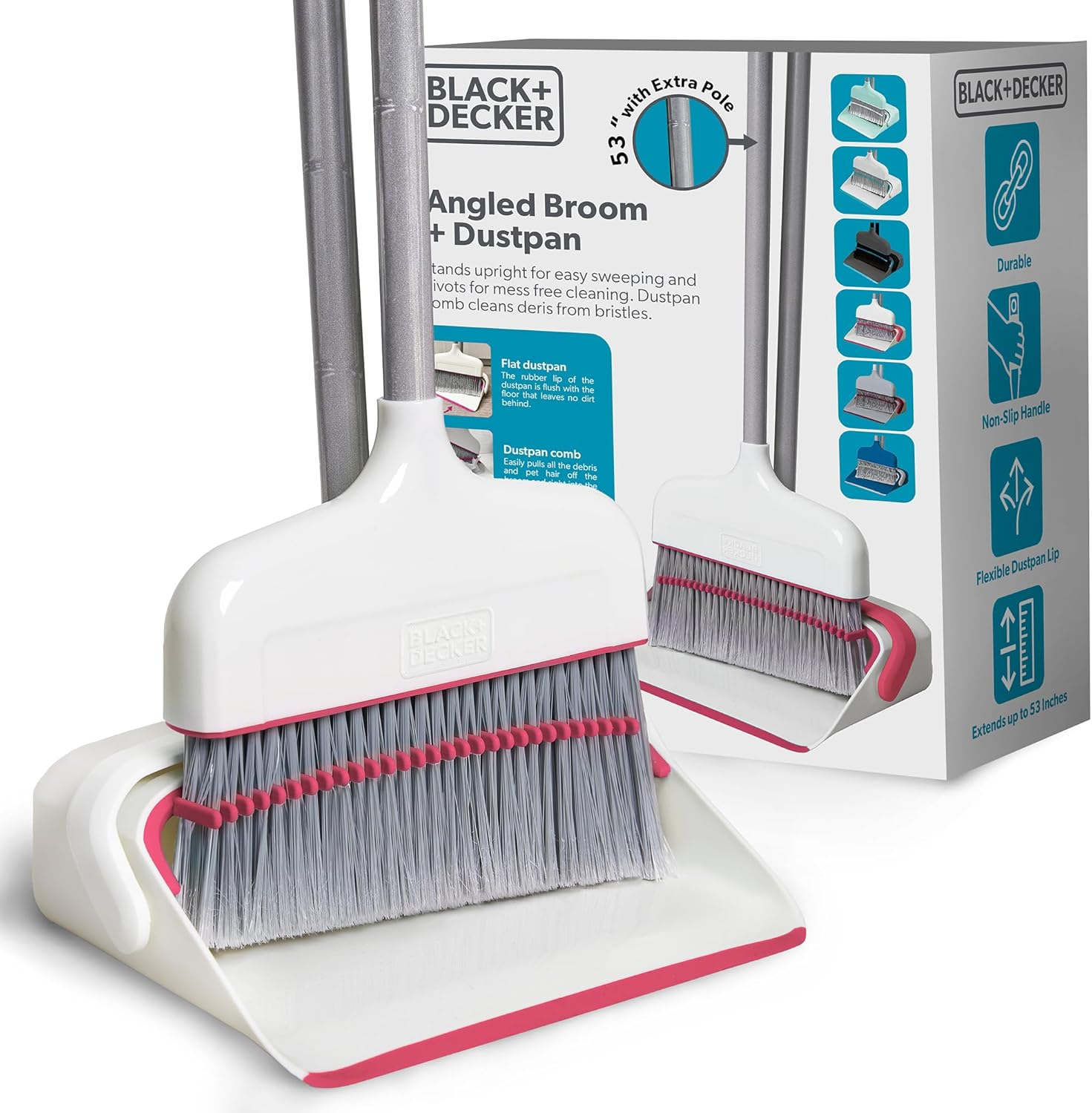 BLACK+DECKER Butler Broom & Dustpan Set - Stand-Up Design - Lightweight, Space-Saving Combo for Kitchen, Living Room, Bathroom, Lobby Floors - Home Cleaning Essential, White/Pink image number 1