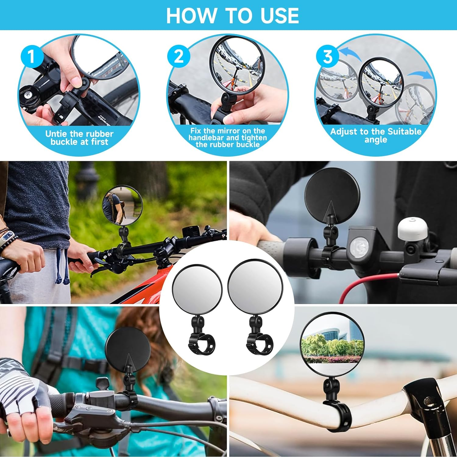 2 PCS Bicycle Mirrors for Handlebars, 360&deg; Rotatable Handlebar Rearview for Mountain Road Bike, Bike Rear View Mirror, Adjustable Bicycle Rear View Safety Mirror, Shockproof Wide Angle Convex Mirror image number 5