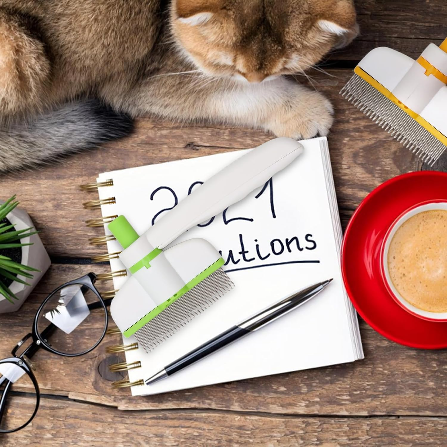 VEGCOO Pack of 2 Self-Cleaning Cat Comb, Rotating Comb for Cat and Dog Hair, Cat Comb Dog Combs, One Touch Cleaning, Removes Loose Hair image number 5