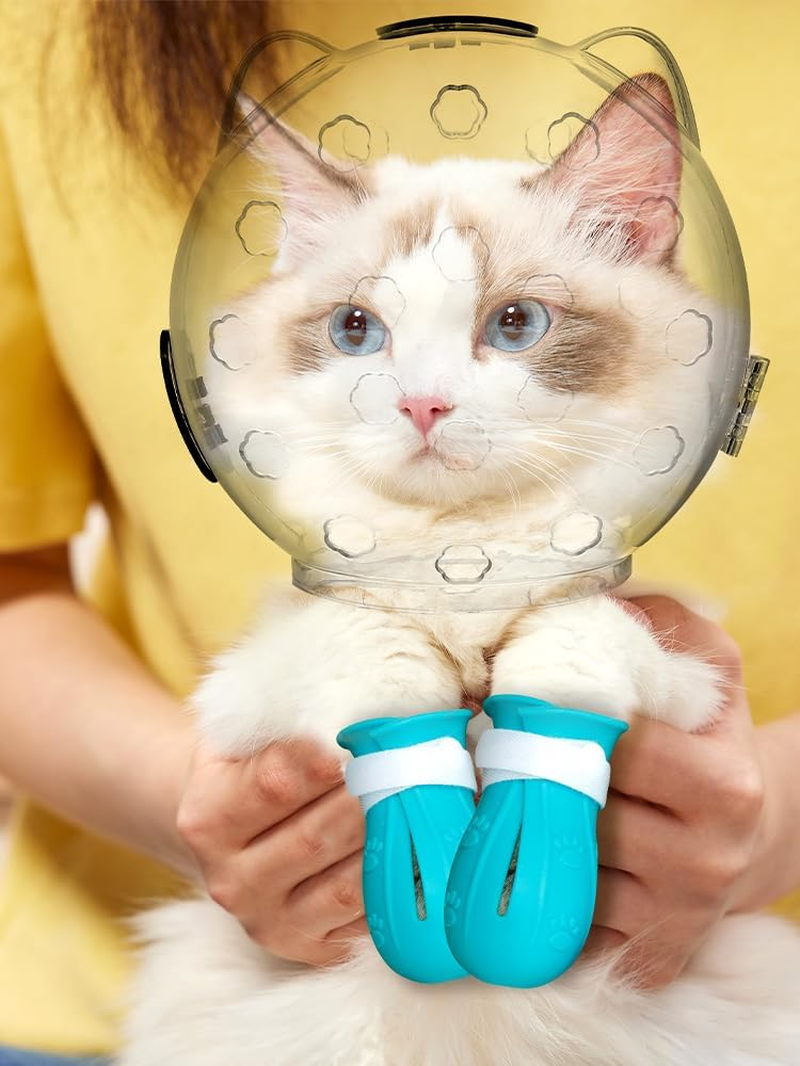 Cat Muzzle for Grooming, Breathable Cat Muzzle Helmet with 4 Silicone Paw Shoes, Transparent Cat Astronaut Helmet, Cat anti Bite Helmet for Cats Bathing Shaving Nail Trimming (Small) image number 3