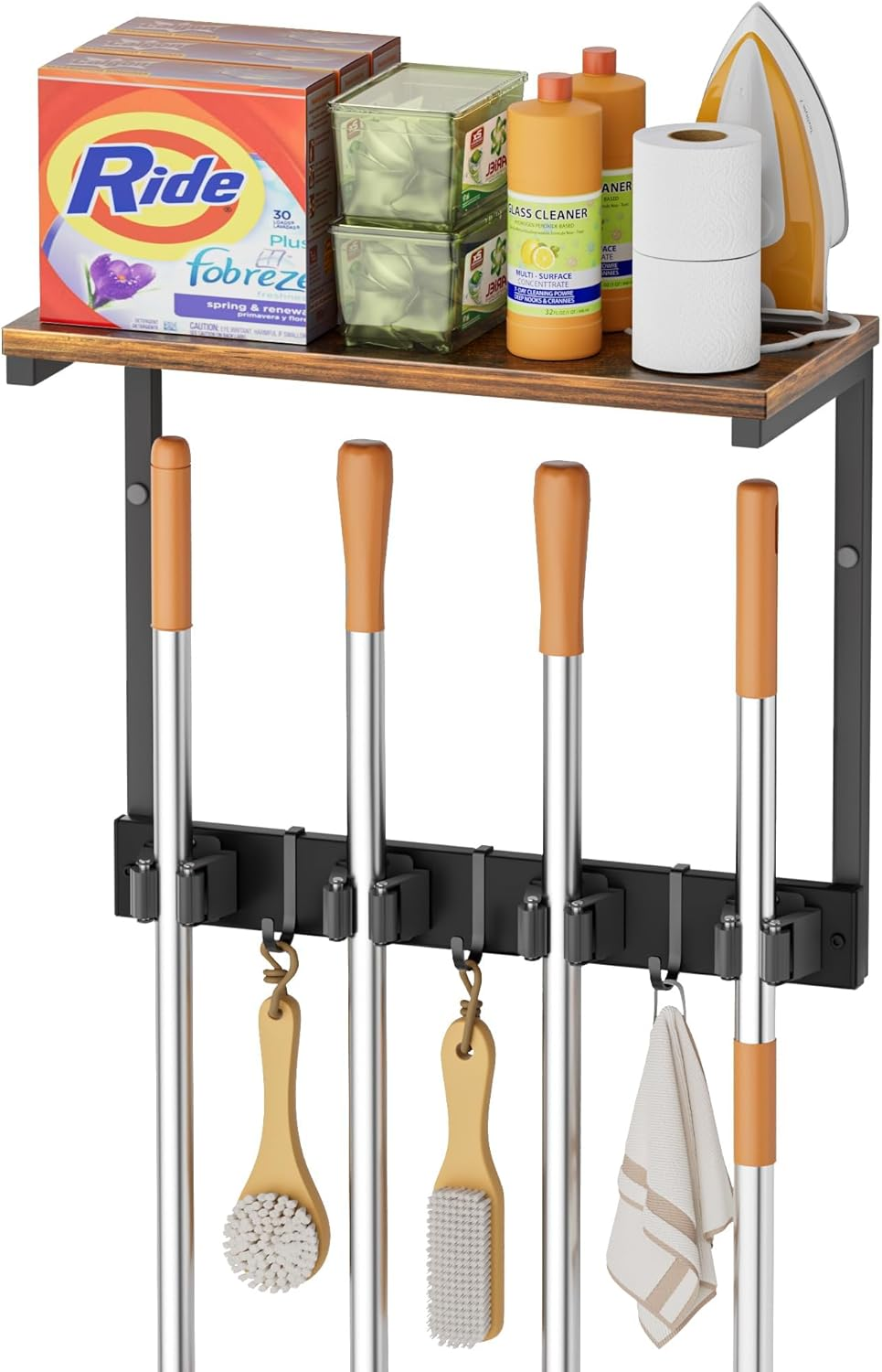 Broom Holder Wall Mount with Cleaning Supplies Organizer, Laundry Room Organization and Storage Shelves, Mop Hanger Broom Rack with Hooks, Home Improvement Kitchen Shelf Garage Organizer image number 1