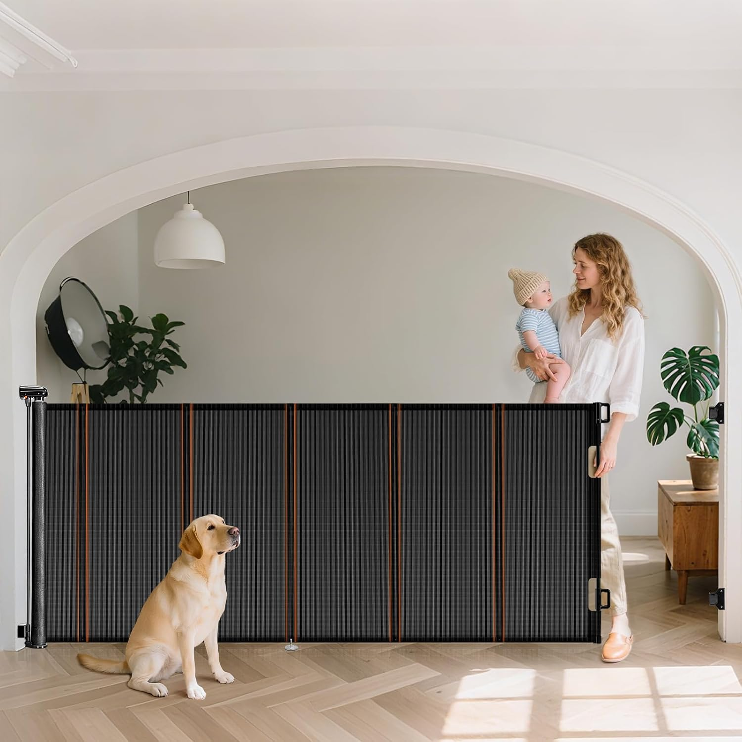 Ycozy 300Cm Retractable Baby Gate for Pet Child with Reinforced Bar Design to Prevent Crawling through 86Cm Tall Mesh Dog Safety Gate for Stairs Doorways Indoor