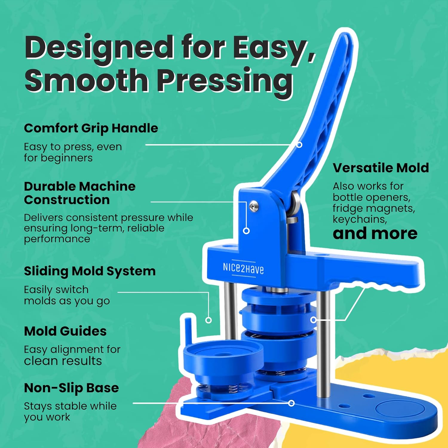 Nice2Have Button Maker Machine Multiple Sizes 25-32-58Mm - (500 Buttons,15 Bottle Openers,15 Fridge Magnets,15 Keychain Buttons, 500+ Free Designs,3 Circle Cutters) - Pin Maker Machine - Blue - Multi Mold image number 3