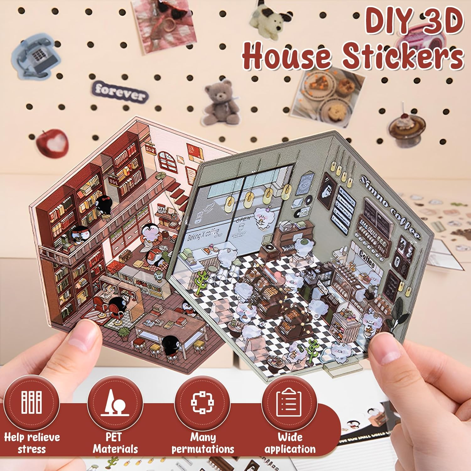 DIY 3D House Stickers, 12 Sets Miniature Scene Stickers 3D Cute Versatile Little Home House Scene Stickers Reusable Cartoon Scene Stickers Safe Fun Scene Stickers for Crafts (Style A)