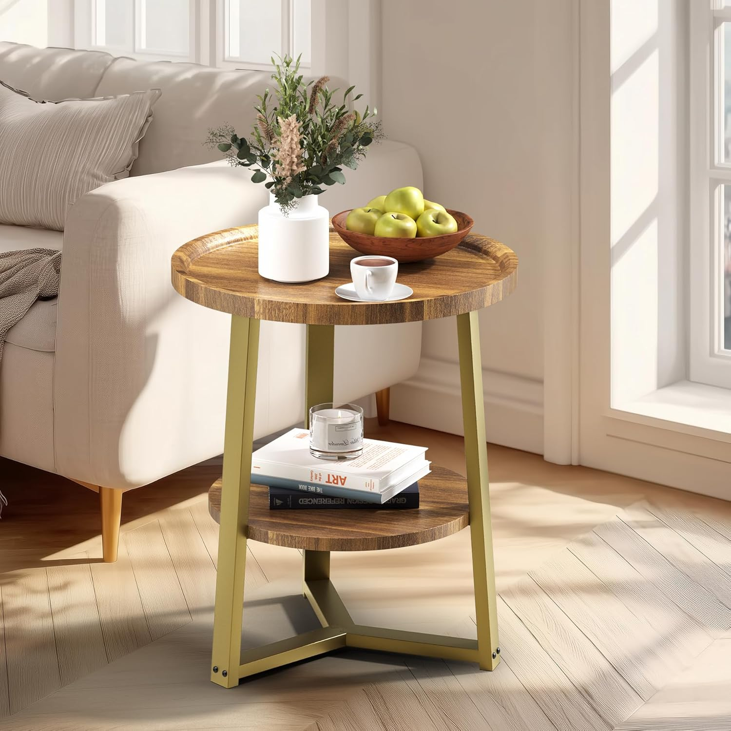 PATIOPIA 2 Tier Side Table, round End Table with Storage Shelf, 19.7" D X 23.6" H Rustic Accent Table for Living Room Small Space,Golden Metal Frame image number 6