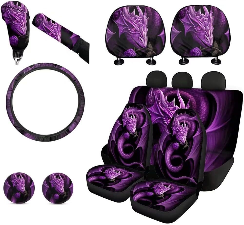 KEIAHUAN Purple Dragon Car Seat Cover Set with Car Headrest Covers for Women Steering Wheel Cover Cup Coaster Handbrake Cover + Gear Shift Knob Cover for SUV Truck Vans Sedans