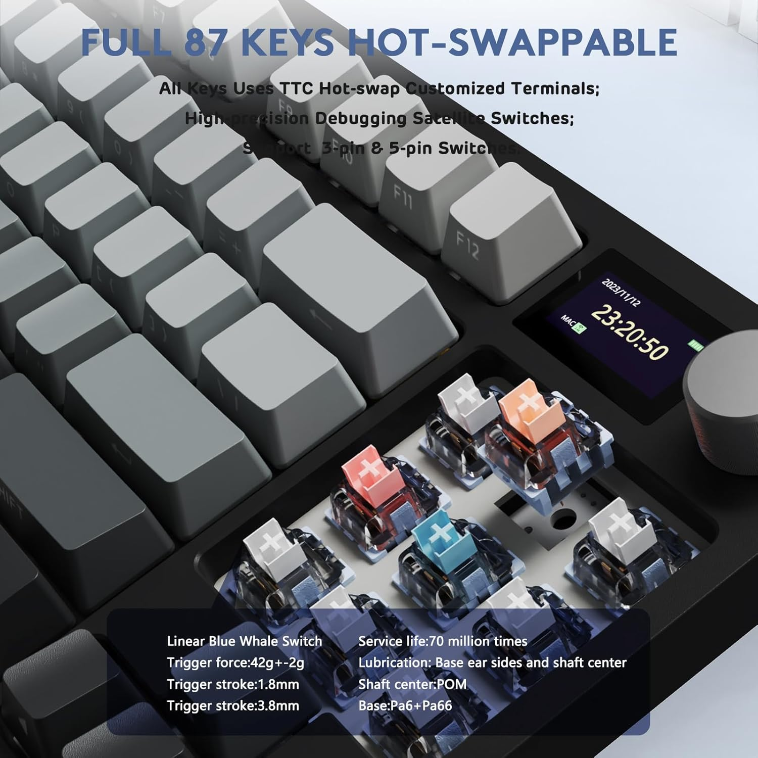 RK86 RGB 75% Wireless Gasket Mechanical Keyboard,Triple Mode Bluetooth5.0/2.4G/Usb-C 82 Keys Hot Swappable Gaming Keyboard 4000 Mah Battery W/Knob & 1.2'' HD OLED Display,Custom Linear Switches - Lavender Pro image number 6